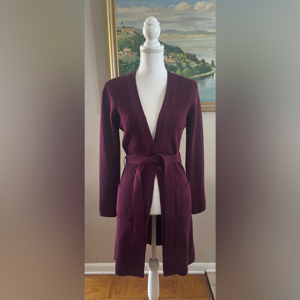 Bloomingdales Ribbed merino wool long cardigan sweater Tie Belt PS Petite Small